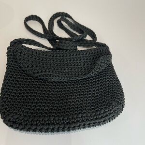 Crochet Lined Crossbody Fold-over Flap Black Bag 7” X 8” EUC